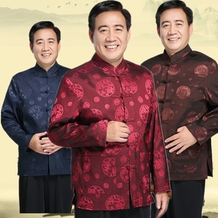 民族服装绸缎中国风中老年古装秋冬季男士长袖外套上衣中式唐装HJ