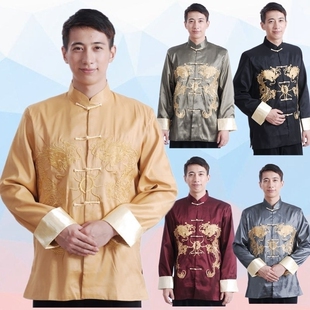 男士摄影表演中老年改良古装秋冬季长袖绣双龙民族服装唐装金黄HJ