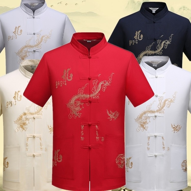 休闲绣龙表演茶楼工作套装古装夏季男士短袖上衣中式唐装民族服HJ,男装,唐装,淘宝优惠券,粉丝福利购,淘宝优惠卷