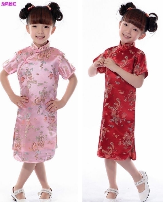夏季女孩短袖绸缎小旗袍裙中式儿童节日六一唐装表演出礼服粉红HJ