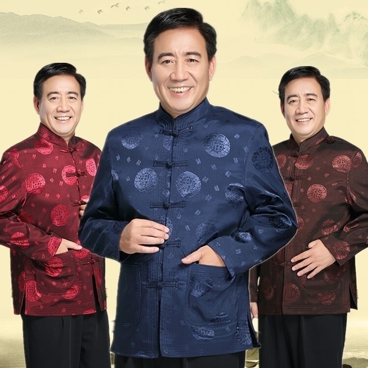 民族服装福字绸缎休闲表演古装秋冬季男士长袖外套上衣中式唐装HJ图片
