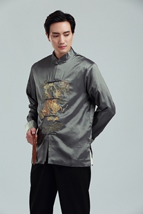 古装表演刺绣龙翻袖唐装男士长袖秋冬季休闲立领上衣外套民族服装