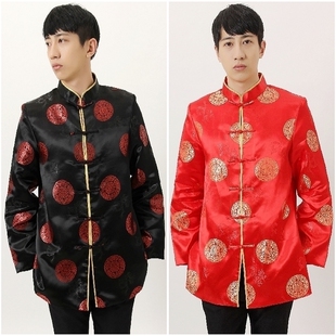 男士中老年中国风外套上衣古装秋冬季长袖庆典民族服装唐装黑红HJ