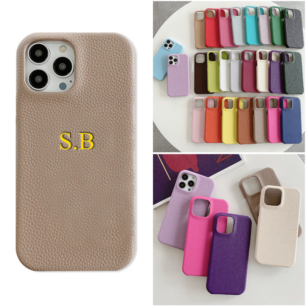 纯色个性化定制名字字母烫金皮质荔枝纹手机壳16pm适用于苹果iphone15/14/13/12promax/11/16/