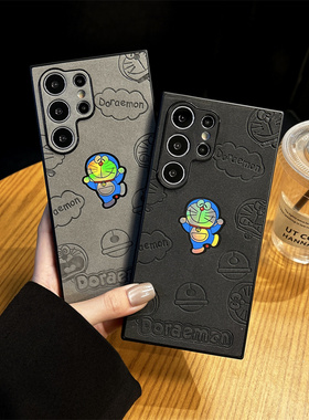 潮牌小羊皮压印蓝色哆啦A梦适用三星GalaxyS24Ultra镭射手机壳卡通S23u全包精孔防摔24Plus简约S22复古高端