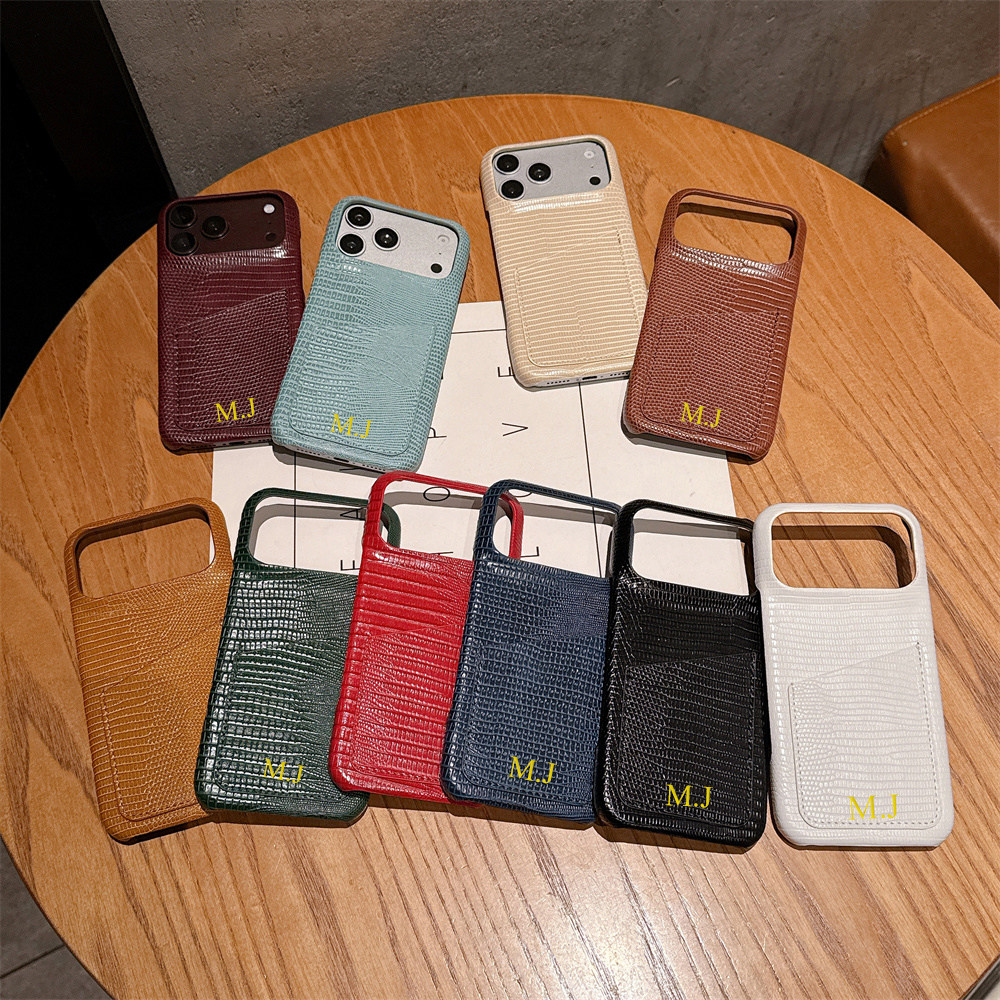 个性化烫金定制英文字母适用于苹果18pm蜥蜴纹皮质插卡手机壳iPhone17promax/16/15/14/13保护套简