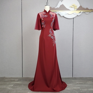 2024新款 礼服长裙年会晚会主持人演出走秀晚礼服 复古风旗袍风飘袖