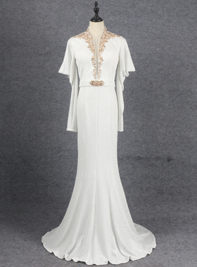 露肩长袖鱼尾晚礼服小众轻奢苗条显瘦气质女神主持聚会party长裙