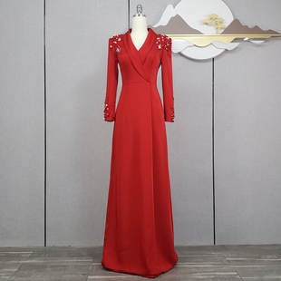2025新款长袖礼服长裙修身显瘦西装式礼服年会晚会主持人长裙走秀