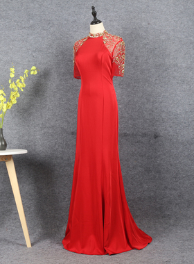 红色晚礼服短袖钉珠气质显瘦鱼尾连衣裙主持人优雅年会新娘敬酒