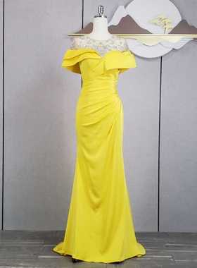 黄色大气质钉珠修身包臀显瘦曲线拖尾女晚装礼服长裙演出主持宴会