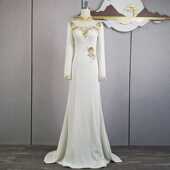 鱼尾年会晚会主持人名媛复古旗袍国风长袖 演出服新款 白色演出修身