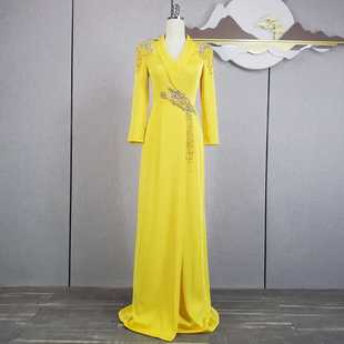 2024年新款 黄色旗袍红毯秀中国风主持人长裙气质演出 礼服裙女新款