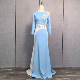 新款蓝色长袖晚礼服撞色简约优雅气质婚礼主持人年会演出服