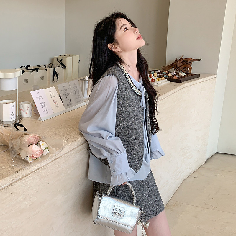 法式小香风时髦穿搭套装女春季新款高级感气质马甲衬衫短裙三件套,女装套装/套裙,2C161