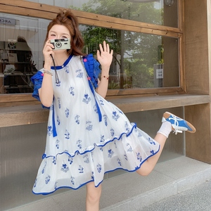 高质感穿搭中裙连衣裙夏季公主气质短袖碎花刺绣拼接显瘦洋气蓝色图片