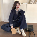 休闲运动风显瘦藏青色套装女2025春季新款假两件上衣长裤子两件套，女装套装/套裙，2C161