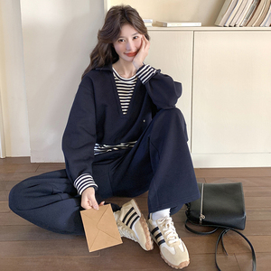 休闲运动风显瘦藏青色套装女2025春季新款假两件上衣长裤子两件套图片