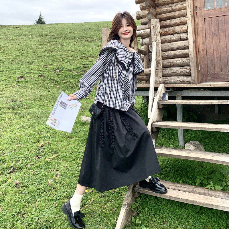 【新款已出货】复古格纹上衣+半身裙套装C161-8915-P175-K268,女装套装/套裙,2C161