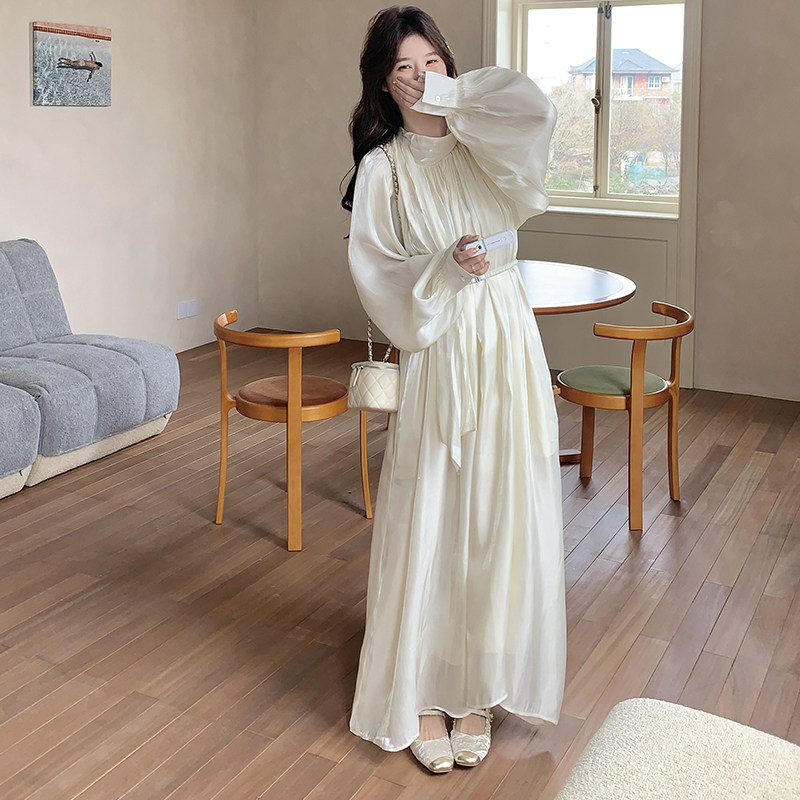 宽松腰法式套头法式灯笼袖连衣裙设计感收腰秋季秋冬气质长裙裙子,女装连衣裙,2C161