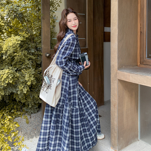 蓝色复古格纹设计感套装女2025年春秋季新款韩版上衣半身裙两件套图片
