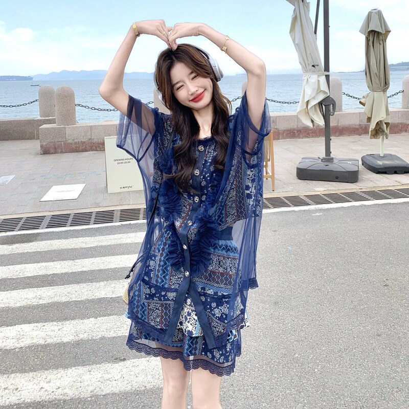绝美网纱拼接衬衫碎花蓝色短裤套装女夏显瘦高级小众不撞款两件套,女装套装/套裙,2C161