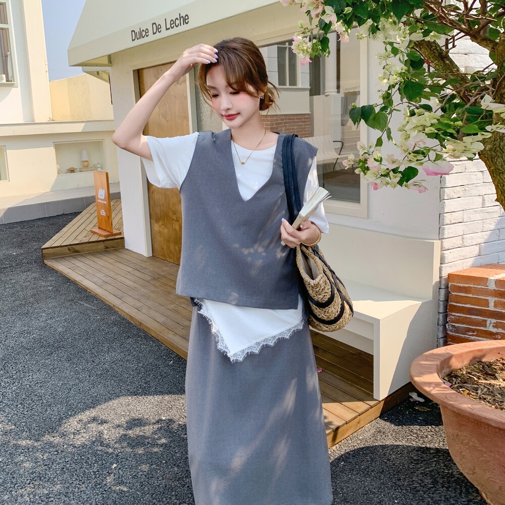 灰色轻熟风休闲马甲背心套装女夏新款慵懒风t恤显瘦半身裙三件套,女装套装/套裙,2C161