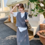 灰色轻熟风休闲马甲背心套装女夏新款慵懒风t恤显瘦半身裙三件套，女装套装/套裙，2C161