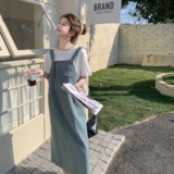 高级小众薄款牛仔条纹背带连衣裙女夏季超火好看慵懒减龄宽松长裙，女装连衣裙，2C161