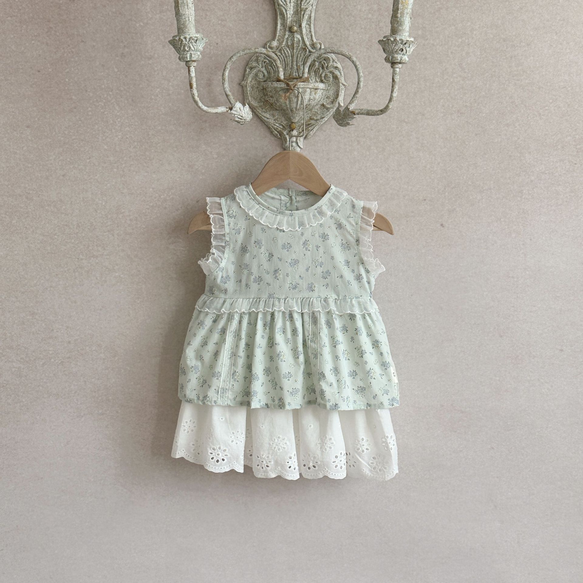 INS款夏季婴幼儿网纱采边无袖碎花娃娃衫上衣女宝宝花边半身裙