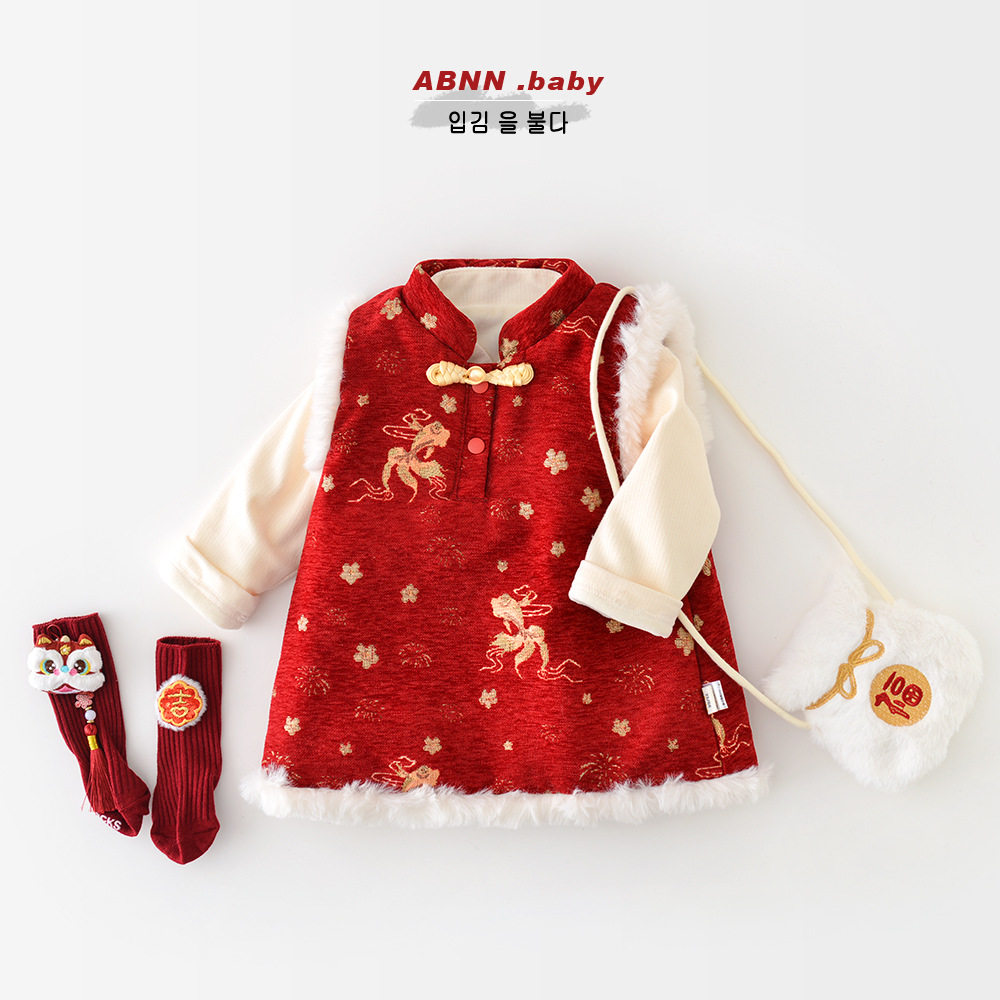 撤柜专区女宝宝加厚连衣裙婴儿中国风红色周岁礼服儿童年服外穿