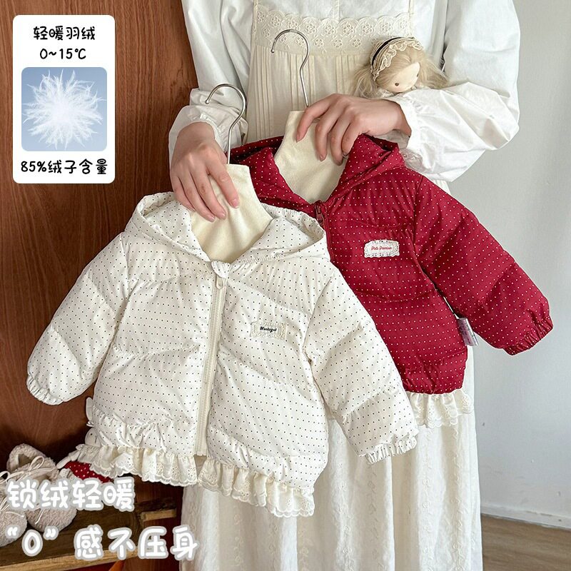 三折撤柜女童羽绒连帽外套保暖加厚秋冬婴幼儿衣服女宝花边羽绒服