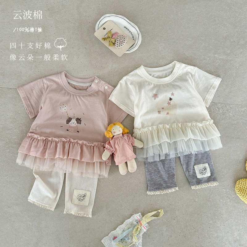 婴幼儿夏季薄款韩版卡通印花短袖宝宝休闲百搭拼接网纱T恤新款a类