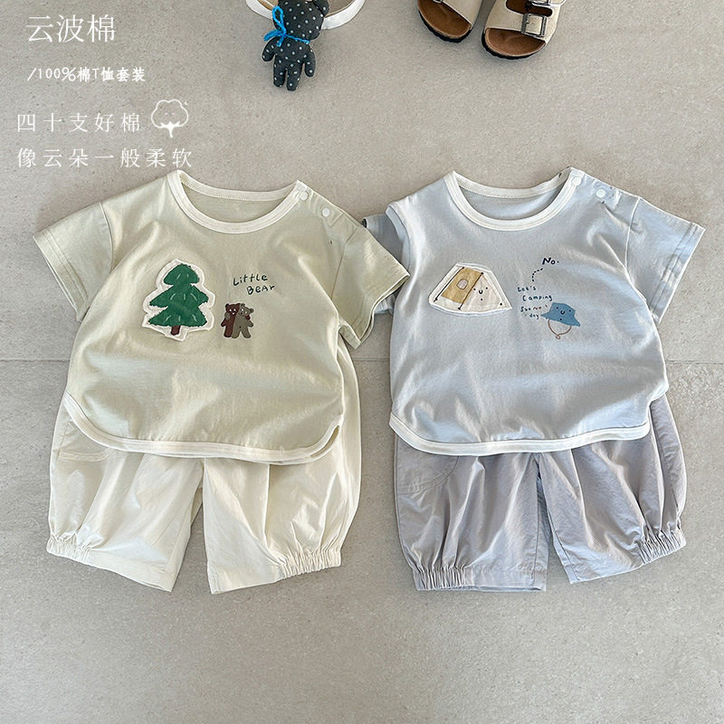 男宝宝夏装套装纯棉透气短袖短裤两件套新款婴幼儿卡通外出服 a类