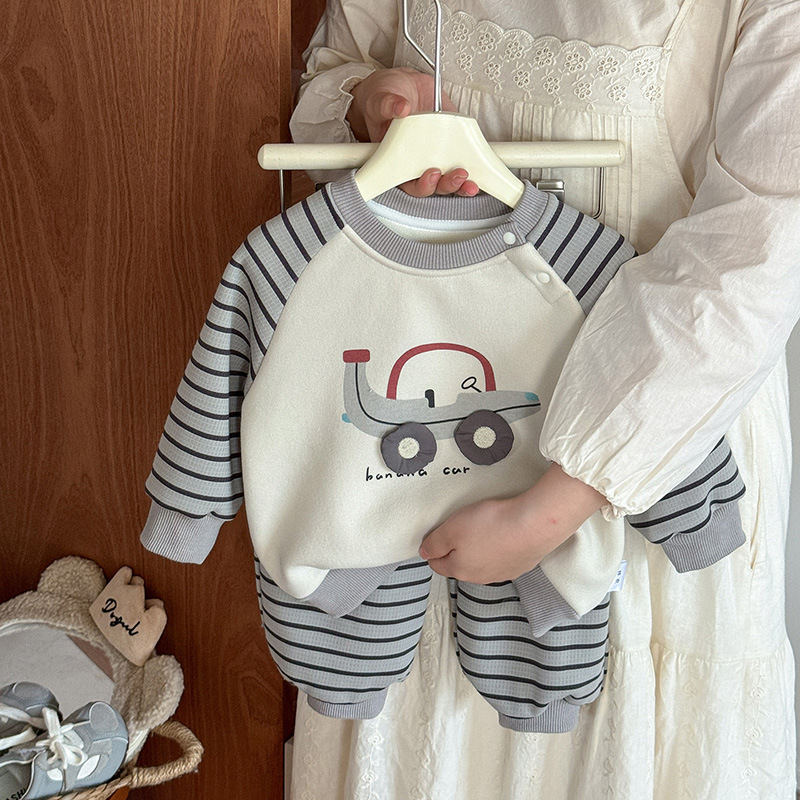 三折撤柜男宝加绒卫衣套装秋冬款婴幼儿裤子分体两件套 男童卡通