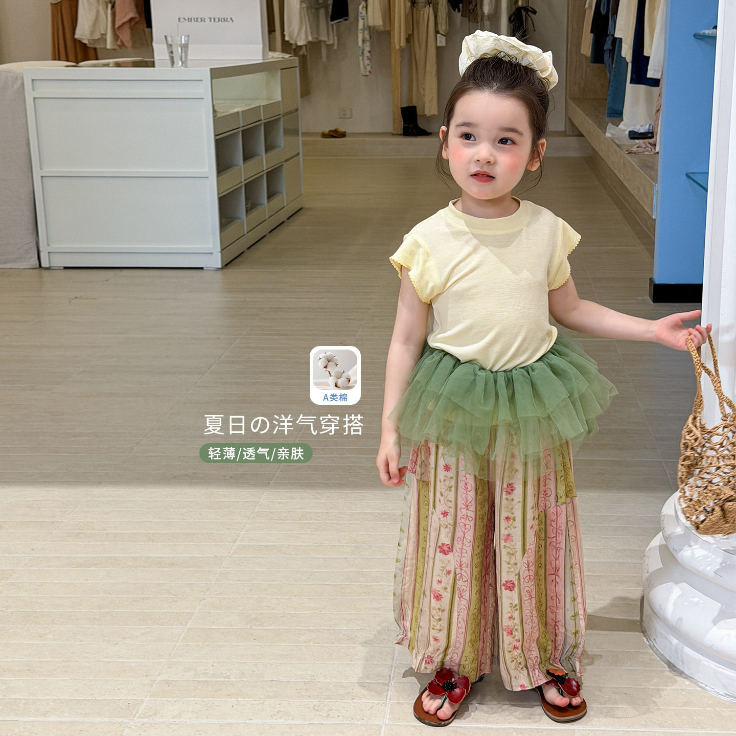 蔗梨童装女童套装短袖夏薄款森系田园风儿童衣服A类宝宝t恤防蚊裤