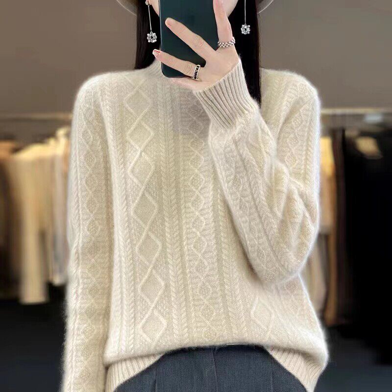 半高领打底衫女秋冬新款针织上衣内搭高级感宽松大码妈妈麻花毛衣