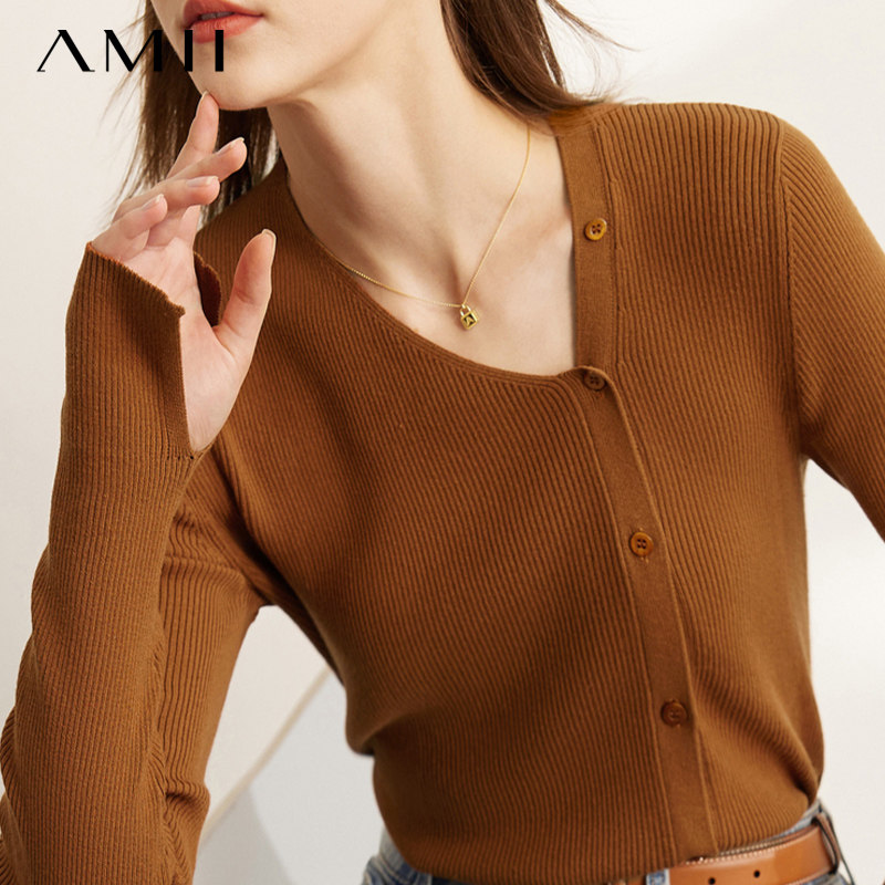 Amii黑色长袖针织开衫女秋装2024年新款短款小众设计感毛衣外套冬