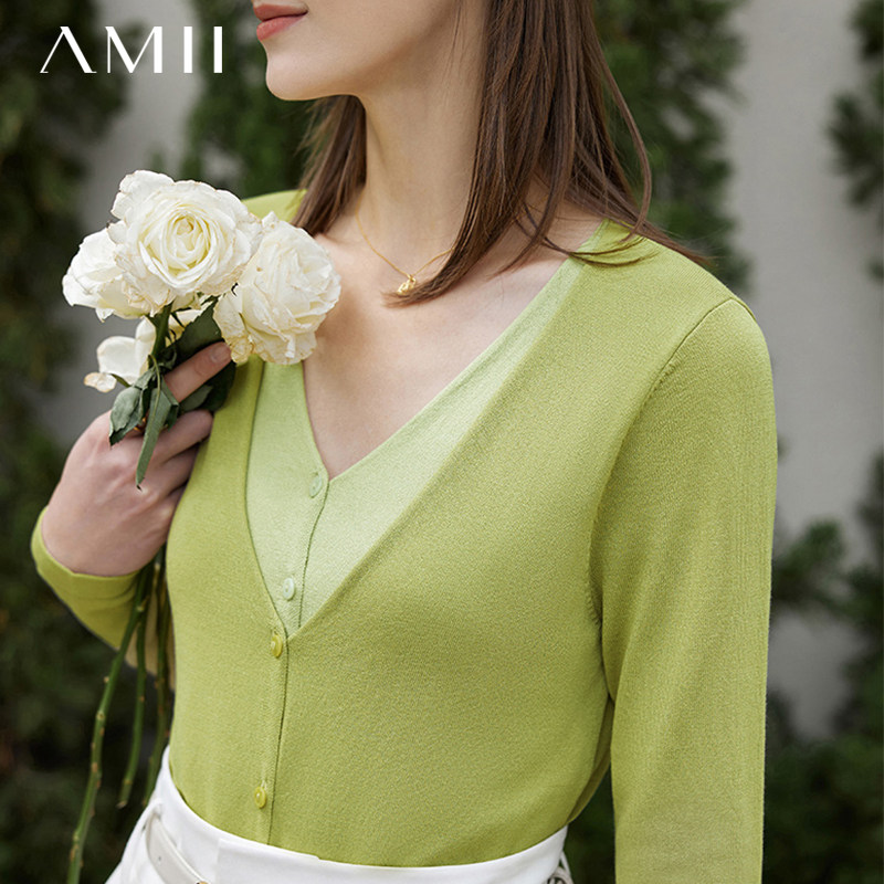 Amii小香风洋气假两件针织开衫毛衣外套女春装2024年新款外搭上衣