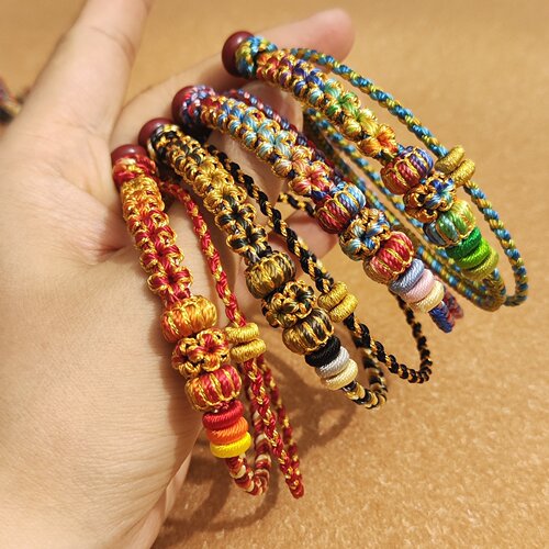 手工编织双层穿珠手绳桃花红绳