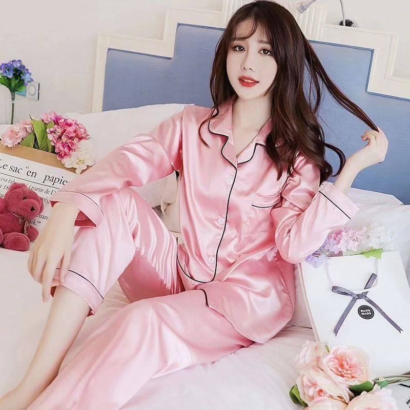冰丝绸睡衣女春秋长袖薄款防粘毛