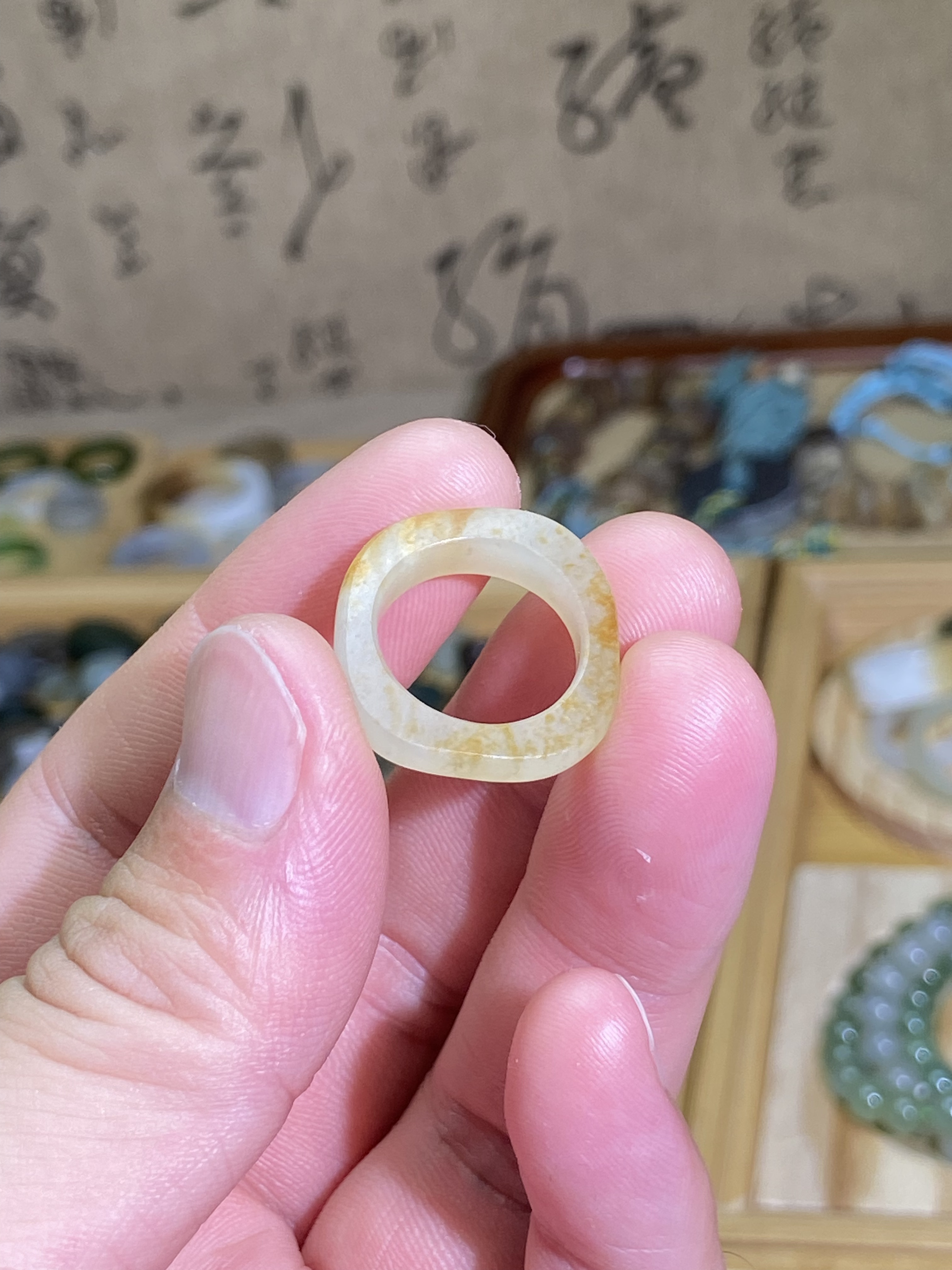 和田玉籽料随型卡15方戒指满皮洒金皮古风戒圈文玩珠串跑环玉环
