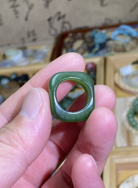 和田玉碧玉辣阳绿卡15随型方戒指古风玉环文玩珠串跑环锁骨链挂饰