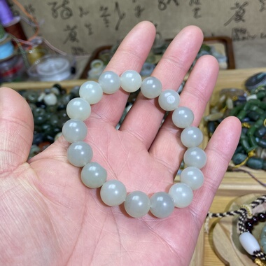 和田玉籽料冰底白玉青花卡12圆珠手串复古风单圈手链文玩珠串挂饰