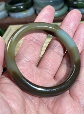 和田玉手镯54圈口且末糖青白复古风三色古韵镯子