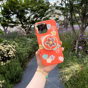 浮夸少女dayu和风多巴胺磁吸手机壳 原创橘色花朵春夏iphone16适用于苹果全包保护套