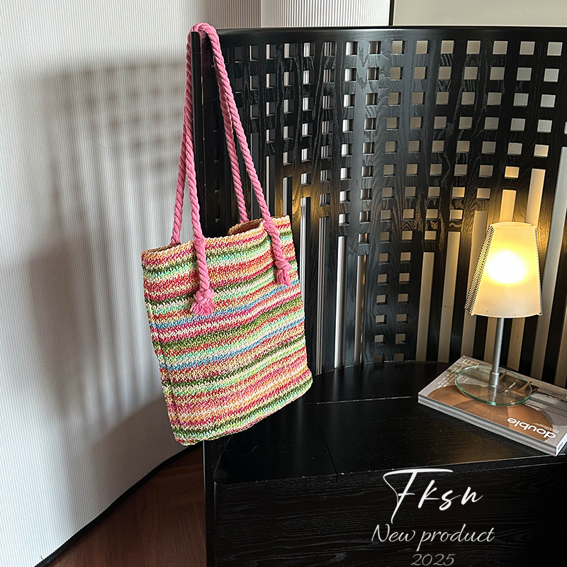 浮夸少女dayu原创自制绳结条纹编织春夏粉色少女心小众设计单肩包