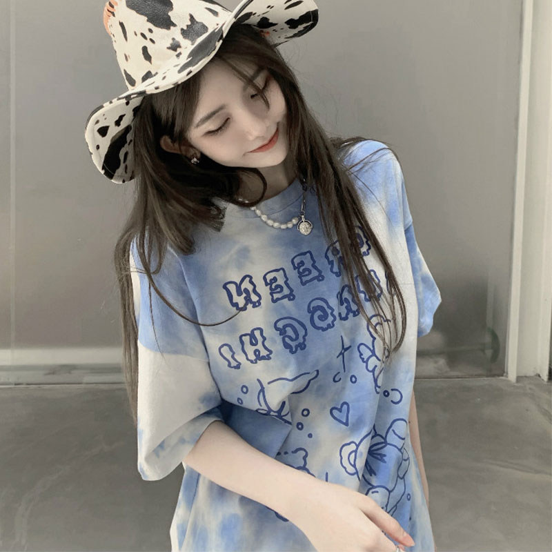 여성용 유럽 대형 버전 블루 퓨어 코튼 반팔 티셔츠 2024 뉴 여름 INS 트렌디 브랜드 하이 엔드 하의 누락 탑