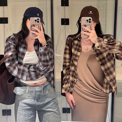 美式复古格子衬衫女宽松休闲