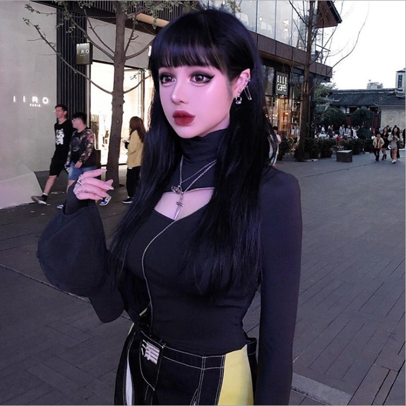 立领暗黑斜拉链破洞长袖打底衫